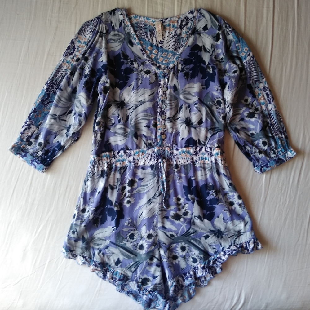Raga Floral Print 3/4 length Sleeve Romper purple and blue